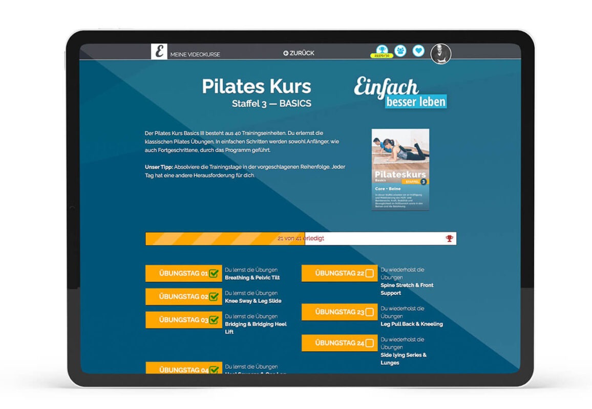 Tablet mit Ansicht des Pilates Trainingskalenders