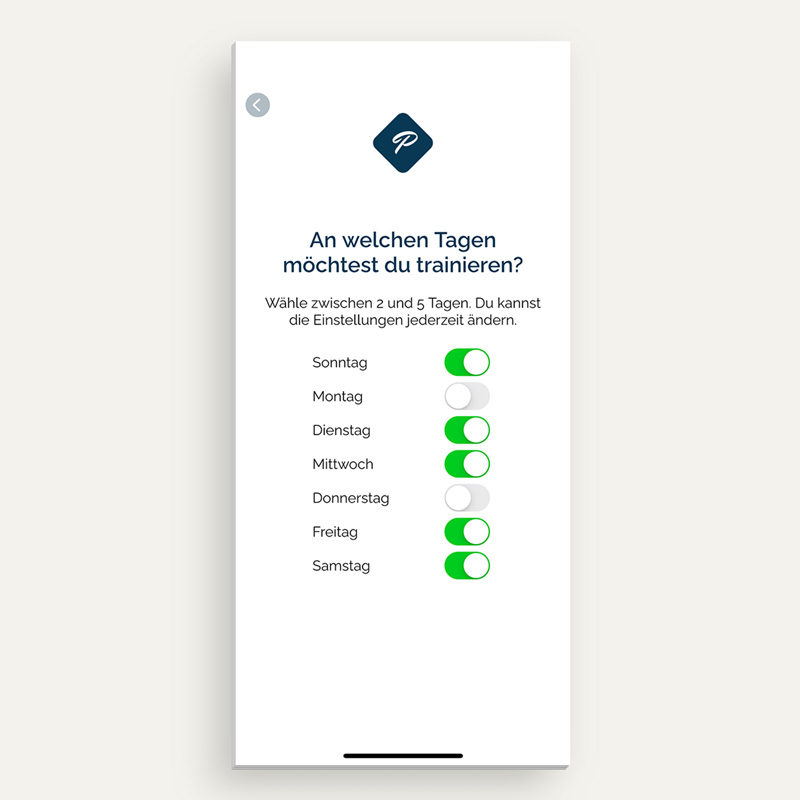 Stell im Trainingskalender die Wochentage ein, an denen du trainieren möchtest